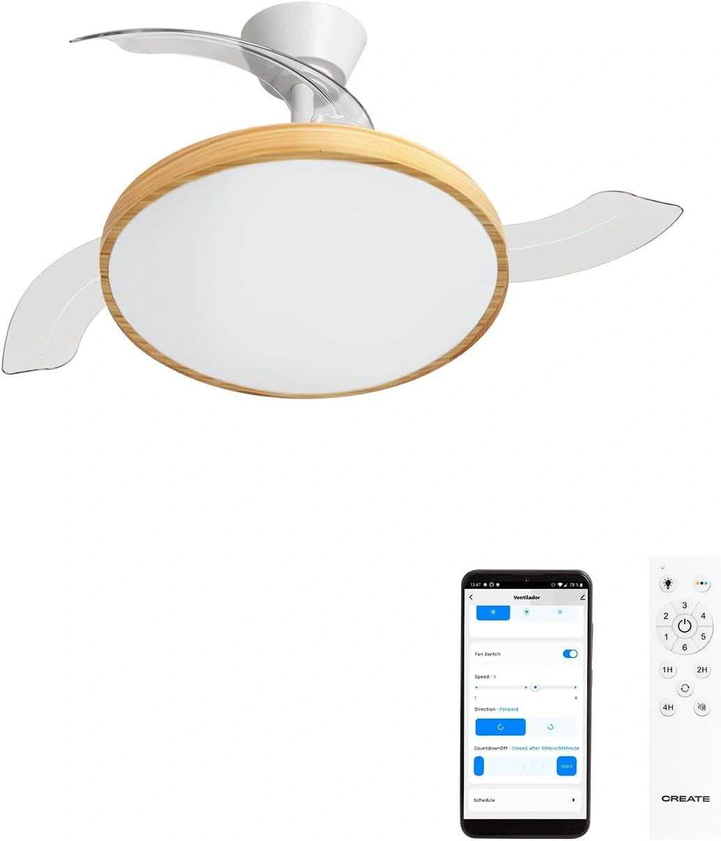 CREATE / WIND CLEAR STUDIO M/Ventilador de techo con luz blanco y madera clara con Wifi y mando / 40W - Ø 108 cm, 3 temperaturas de luz