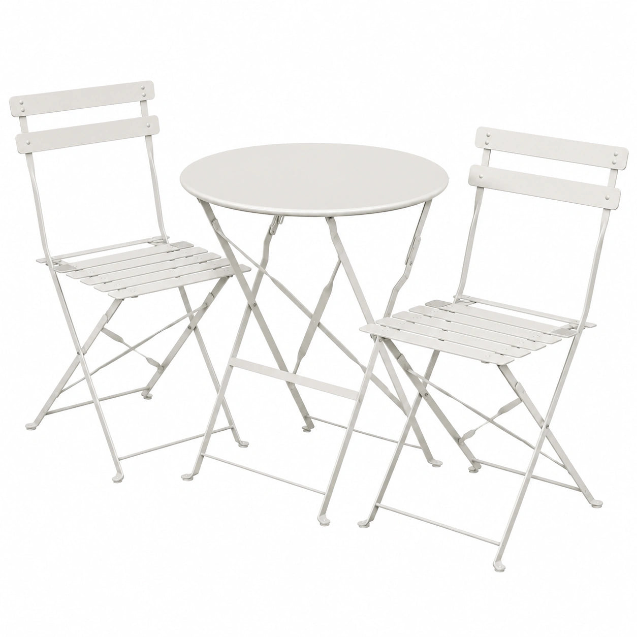 Conjunto de Bistro Plegable 3 Piezas de VOUNOT, Mesa Redonda y Sillas de Acero para Jardín y Exterior, Color Blanco
