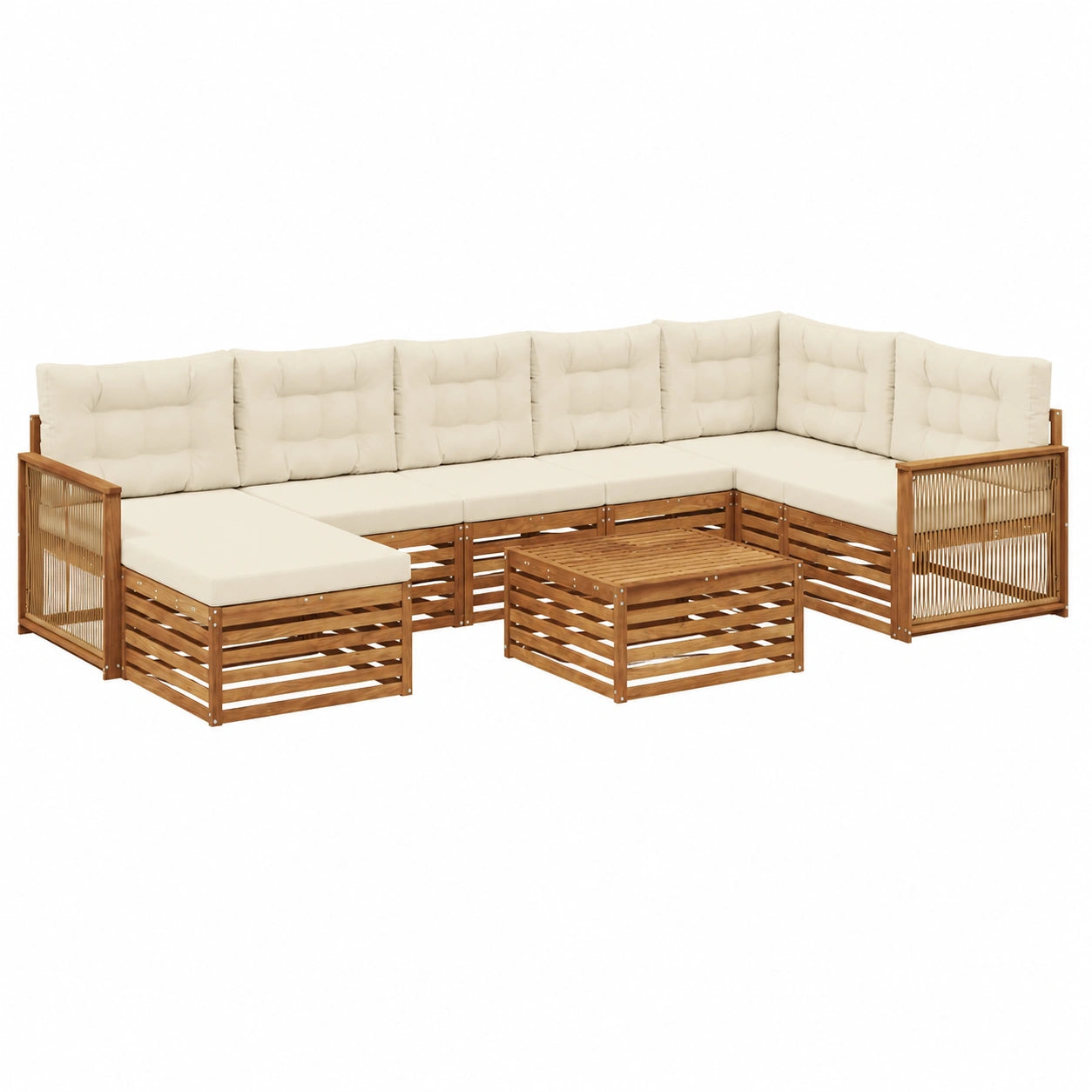 Conjunto de Sofás de Jardín de Acacia con Cojines, 9 Piezas, Natural y Crema, Muebles Modulares para Exteriores