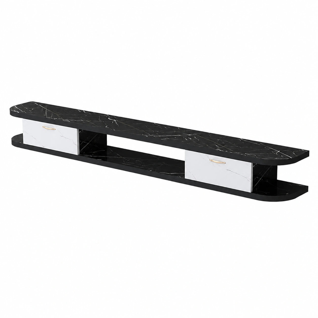 Centro de entretenimiento flotante montado en pared de diseño moderno, armario blanco y negro con estantes de almacenaje, 140 cm
