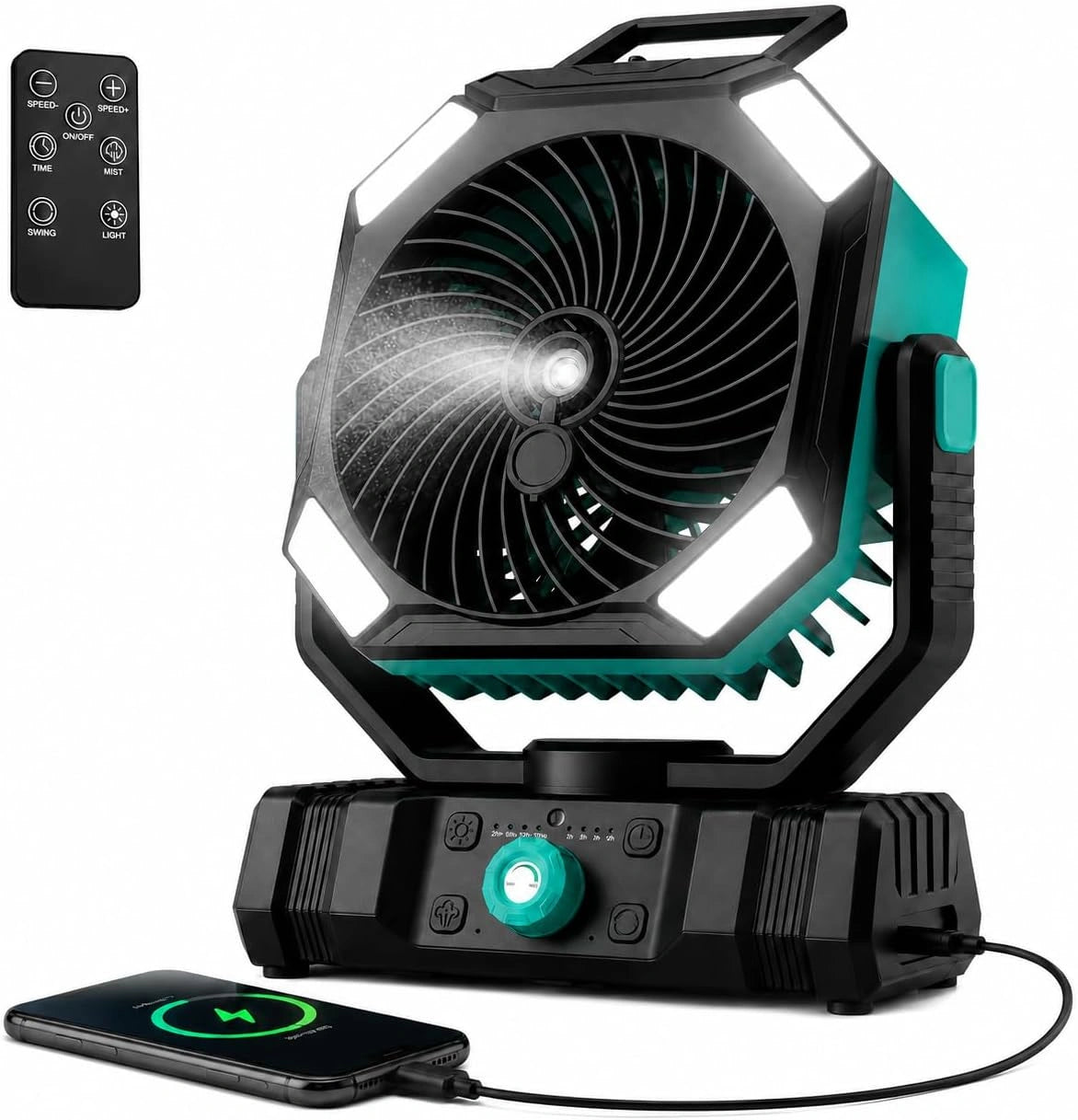 Richday Ventilador Camping Nebulizador 20000mAh - Depósito 300ml, 270° de Rotación, para Oficina Tienda Viaje, Luz LED, Timer, Control Remoto