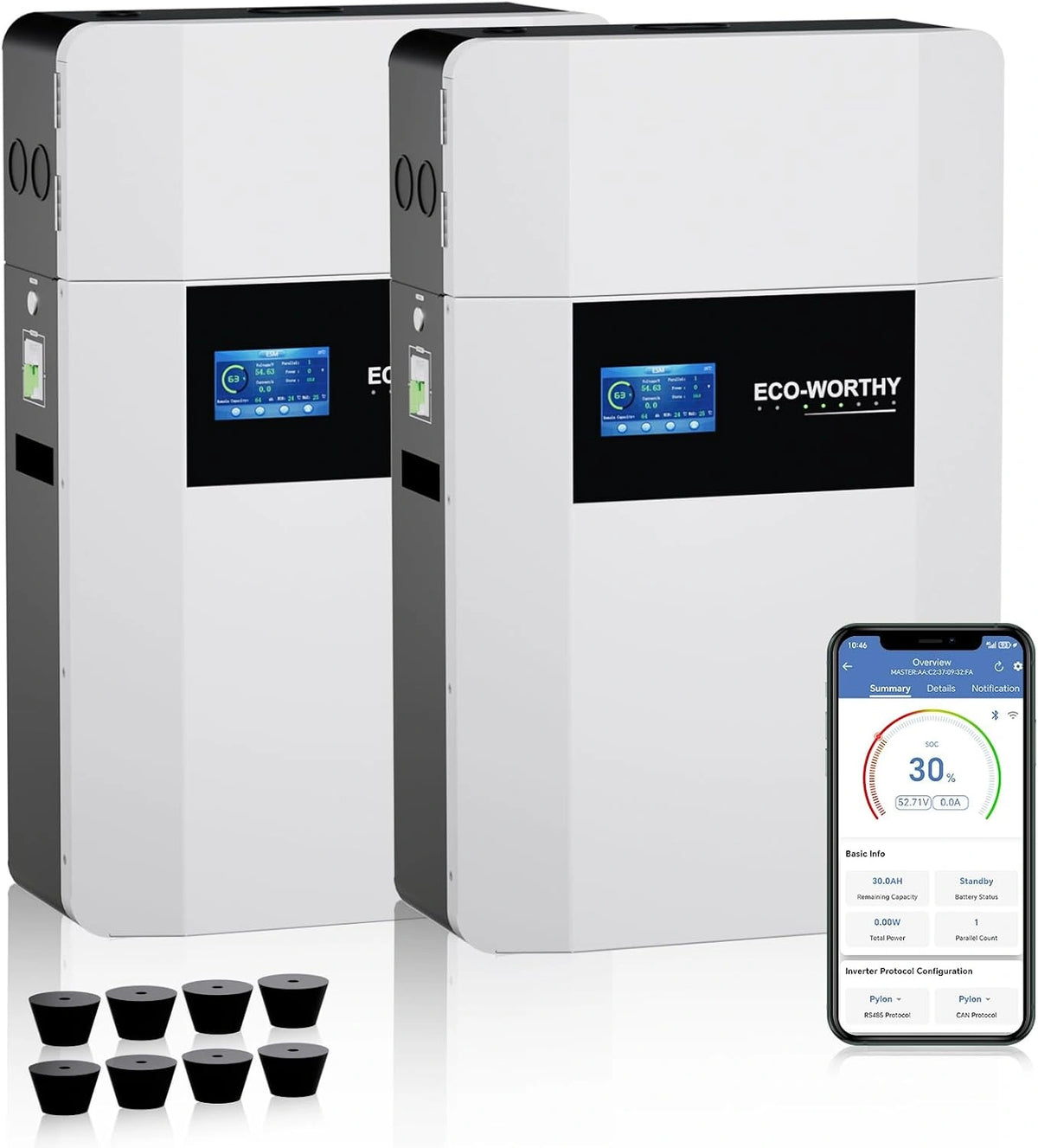 ECO-WORTHY 2 baterías LiFePO4 de 48 V 100 Ah para montaje en pared en interiores con caja de conexiones Bluetooth y WiFi - fuente de
