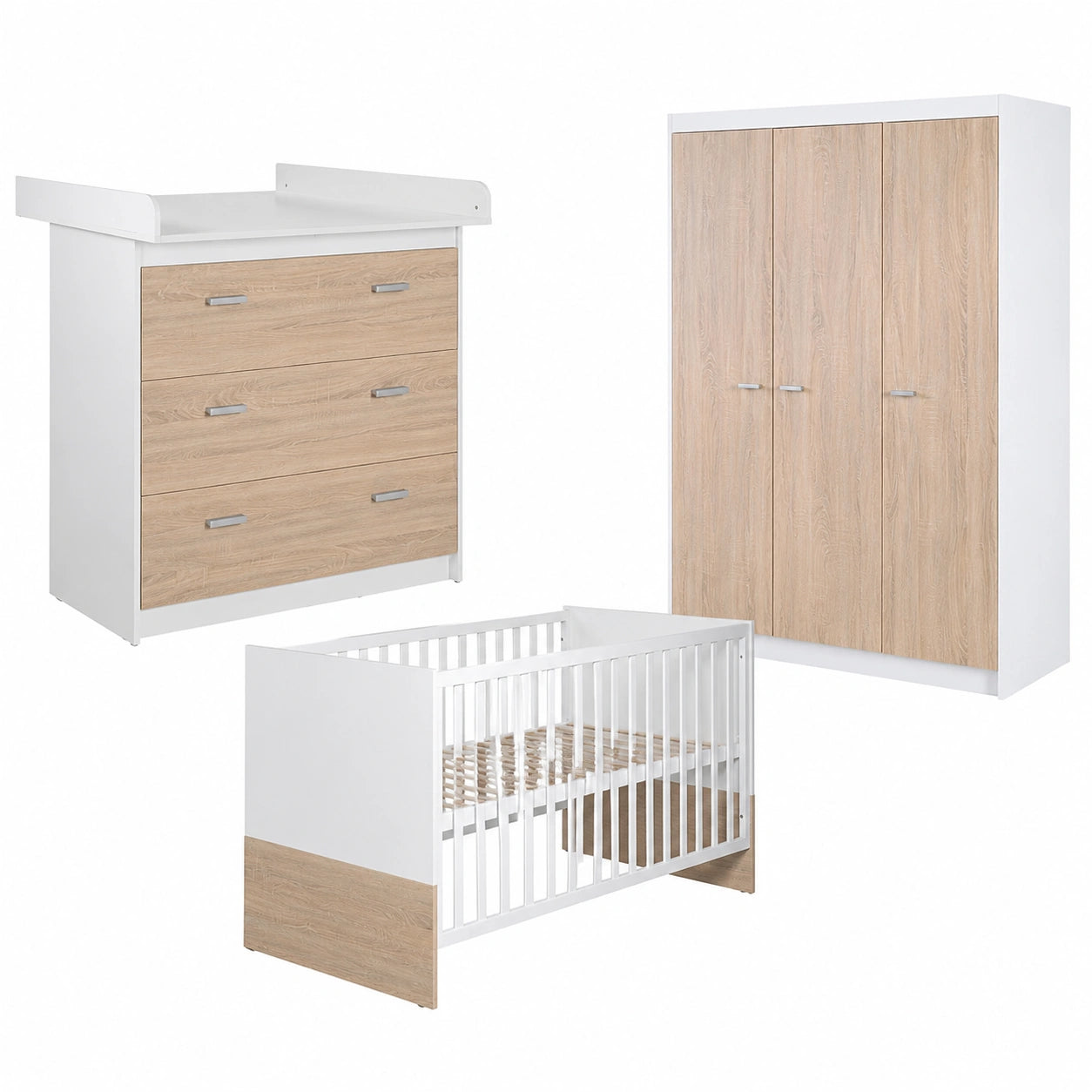 Conjunto de Dormitorio Infantil Gabriella de 3 Piezas, Bicolor, Incluye Cuna 70x140 cm, Cómoda de 3 Cajones y Armario de 3 Puertas