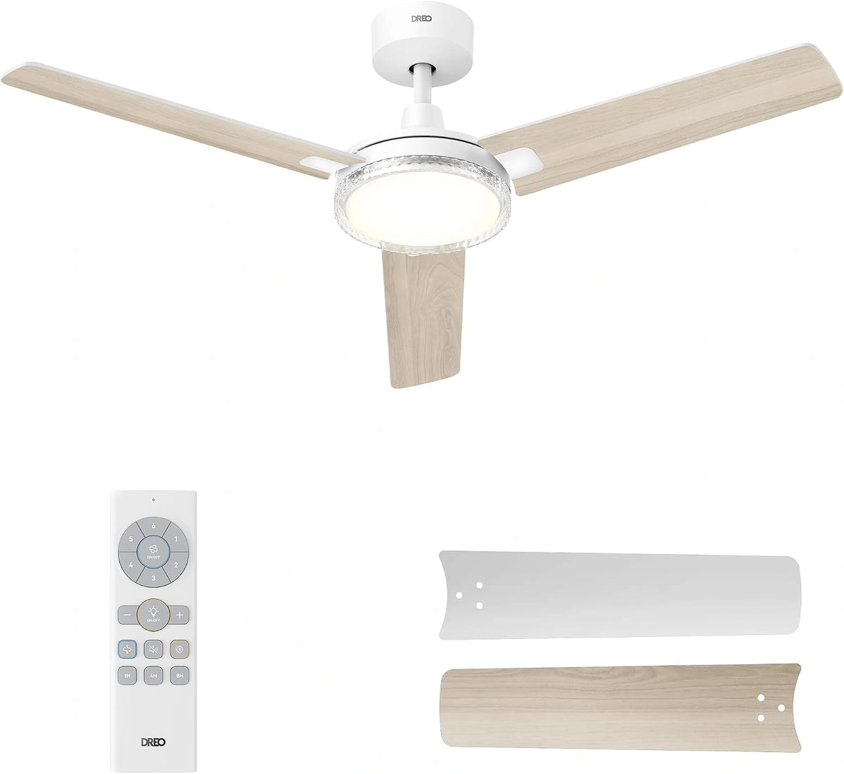 DREO ventilador de techo con luz y control remoto 132 cm - ventilador blanco, motor CC reversible silencioso, temporizador 1/4/8h, 6 velocidades