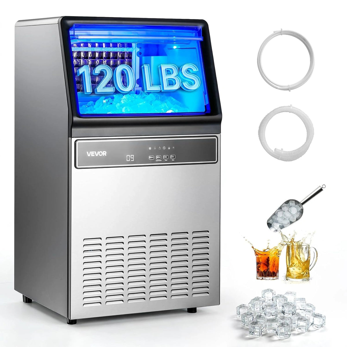 VEVOR Máquina para Fabricar Hielo 54 - de Acero Inoxidable, Independiente y de Encimera, con Pantalla LED y Autolimpieza, para Bar, Restaurante