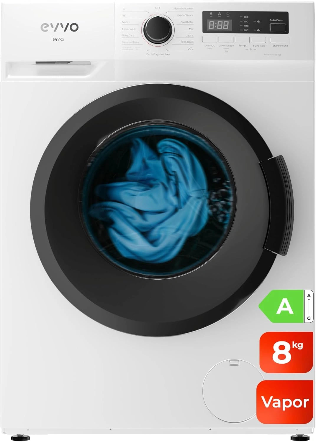 EVVO Lavadora 8kg - Lavado Rápido 15', Estrecha 48cm Profundidad, 1400 rpm, 15 programas, Terra (8Kg), Blanco, Carga frontal, Bajo consumo, Clase A