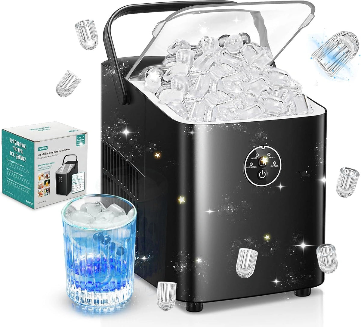 FOHERE Máquina de Hielo 14KG - Portátil con asa, Autolimpiable, 2 Tamaños