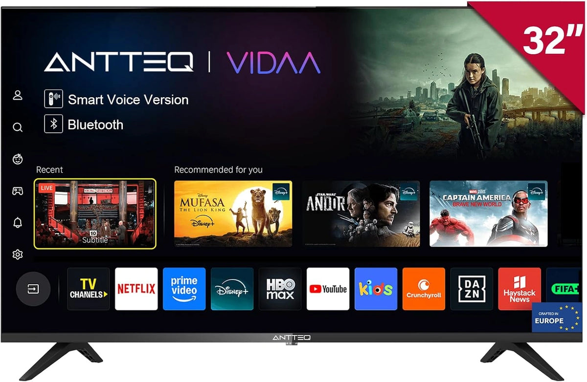 Antteq Vita Televisor inteligente TV 32 Pulgadas (81 cm) con Bluetooth - Dolby Audio, App Store, Compartir a TV, V32-AH3Q1D-BT(HD Ready), H.265/HEVC