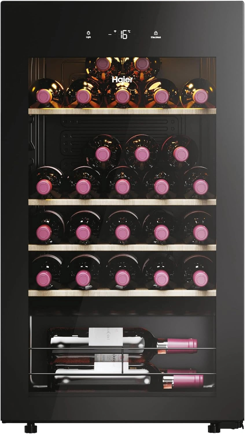 Haier Wine Bank 50 serie 3 HWS34GGH1 - Vinoteca 34 botellas, WIFI, Silenciosa 37 dbA, Negra, Iluminación LED, pantalla Digital, Filtro de carbón