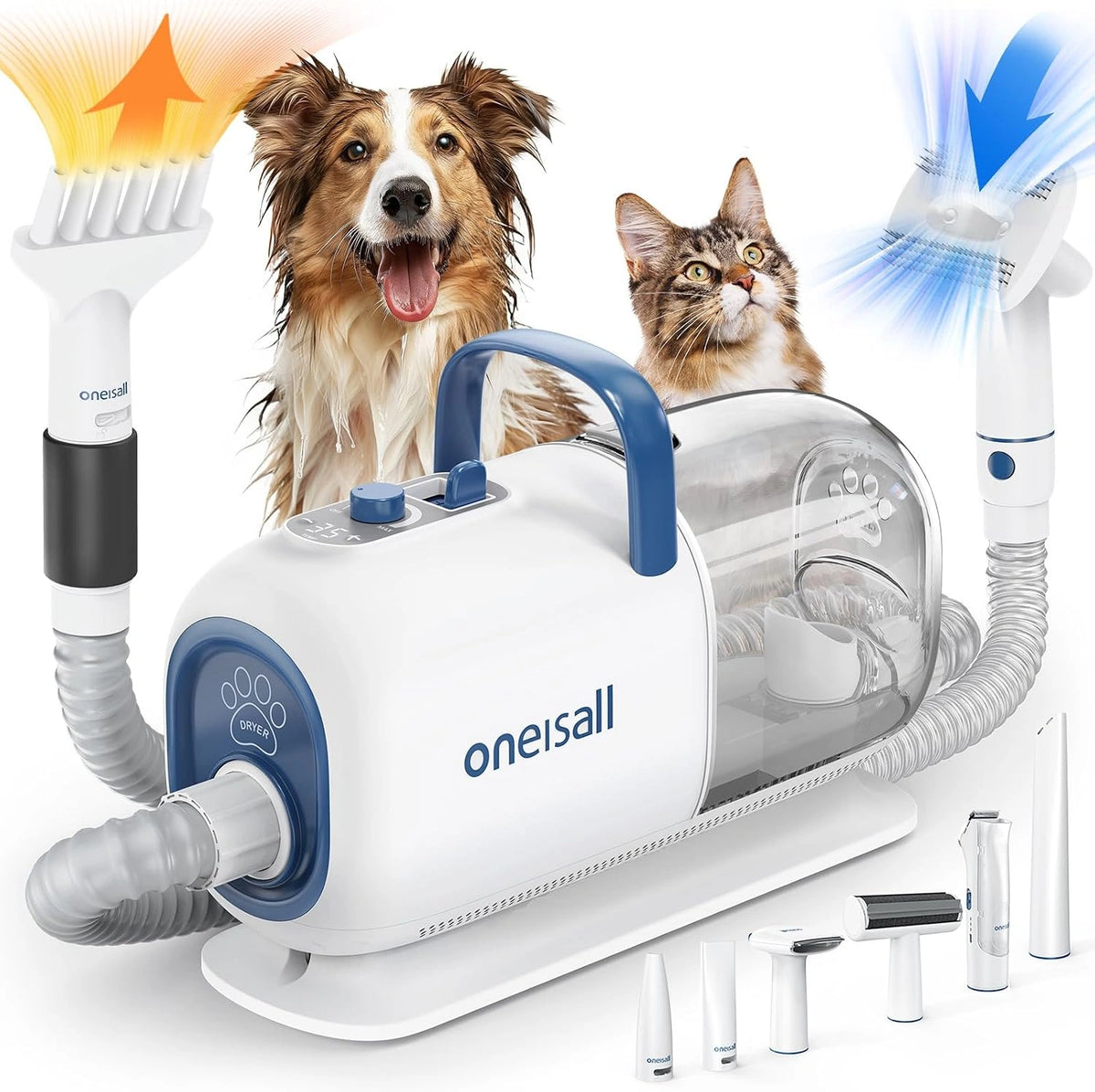 oneisall Secador y cortapelos al vacío para peluquería canina - 15000 Pa, 7 niveles de temperatura de soplado, 2, 5 L, flujo de aire ajustable