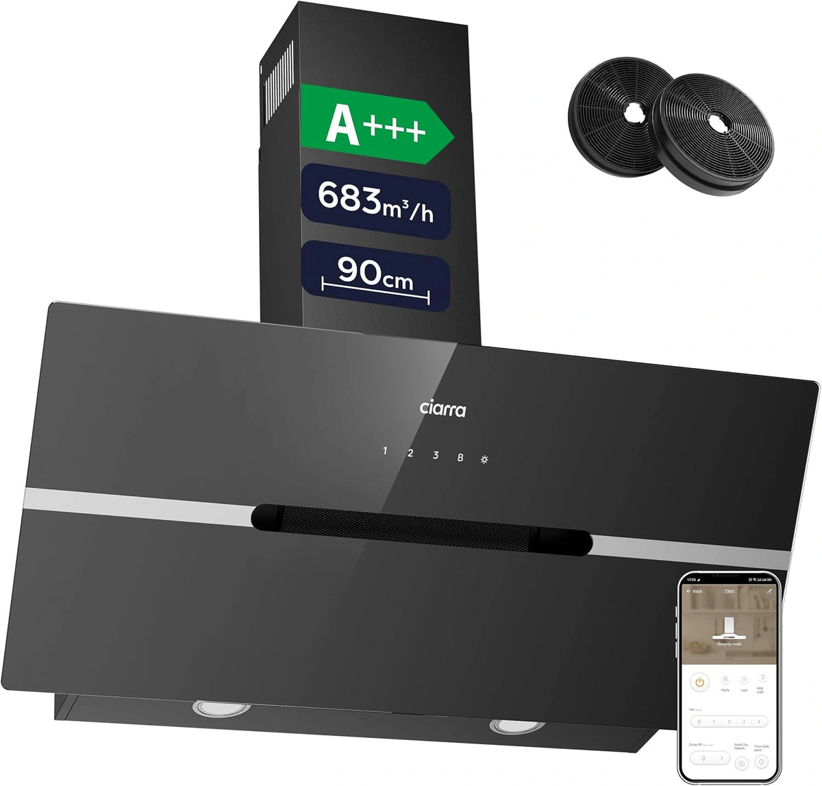 CIARRA CBCB9736F Campana Extractora Pared 90cm Negro A+++ WIFI, con funciones de uso diario