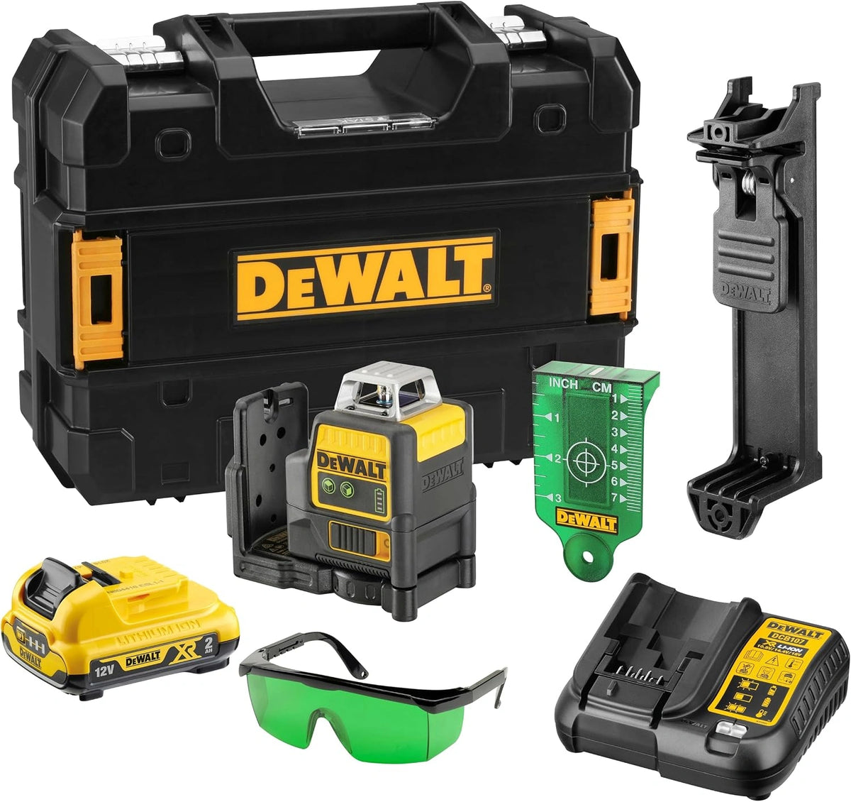 DEWALT DCE0811D1G-QW - Nivel Láser Autonivelante Verde, 2 Líneas 360°, Batería Li-Ion 2Ah XR 12V, Resistente IP65, Test de Caída 2m