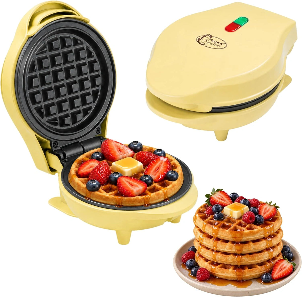 Bestron Mini gofrera - 550 W, Amarillo, diseño retro, Pascua o Navidad, fiestas familiares, para cumpleaños infantiles, con antiadherente