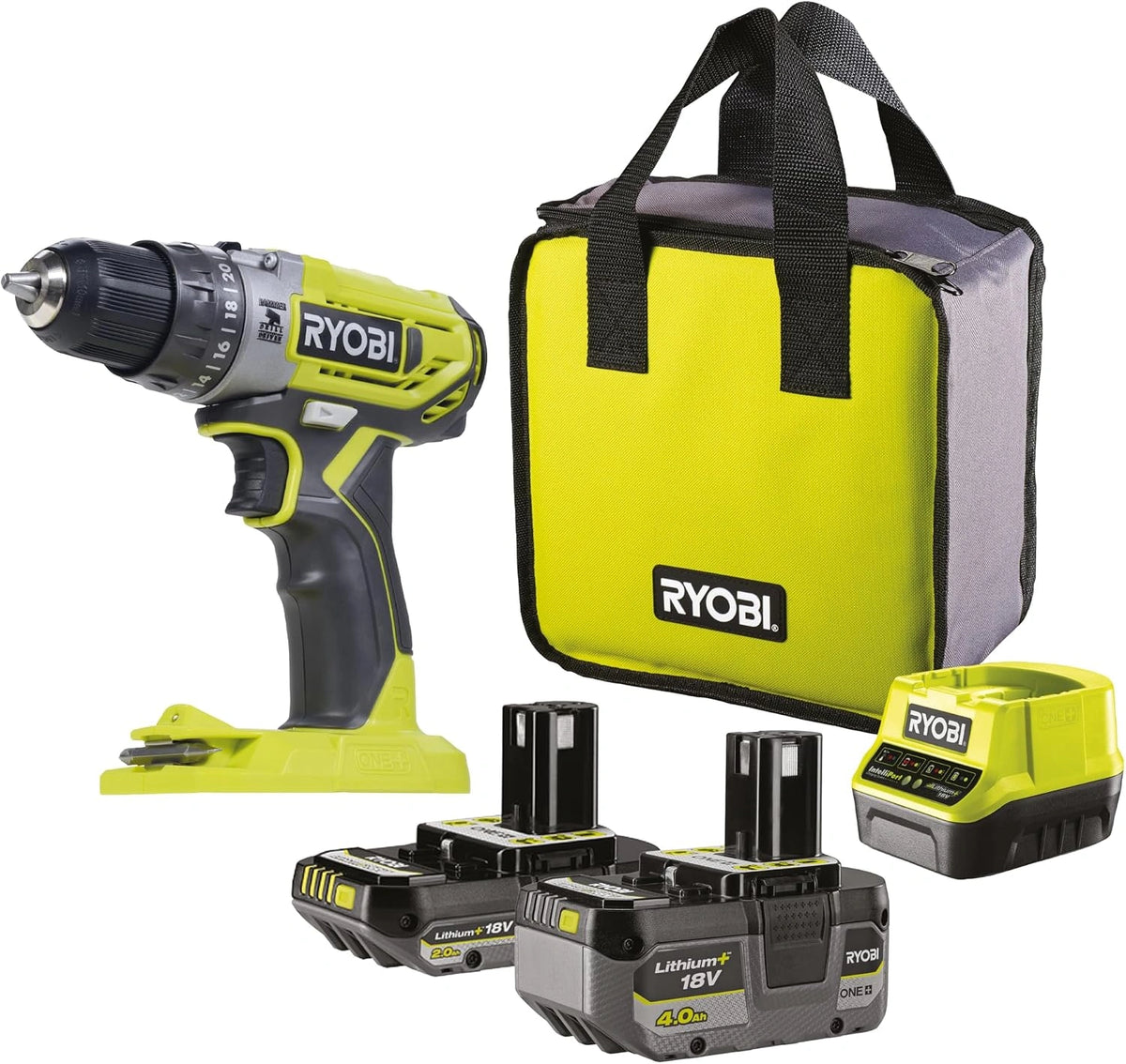 RYOBI Taladro Percutor 18V ONE+ con Baterías 2.0Ah y 4.0Ah - Compacto y Garantía Extendida, Potente, Cargador y Bolsa