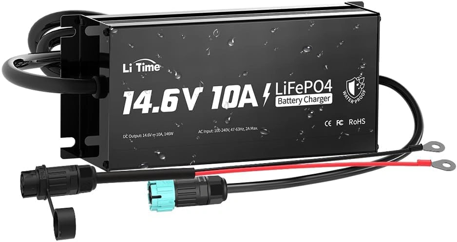 LiTime LiFePO4 - Cargador de Batería 12v (14, 6 V, 10 A, IP65, AC-DC LiFePO4, con Función de Carga Inteligente de 0 V, Indicador LED)