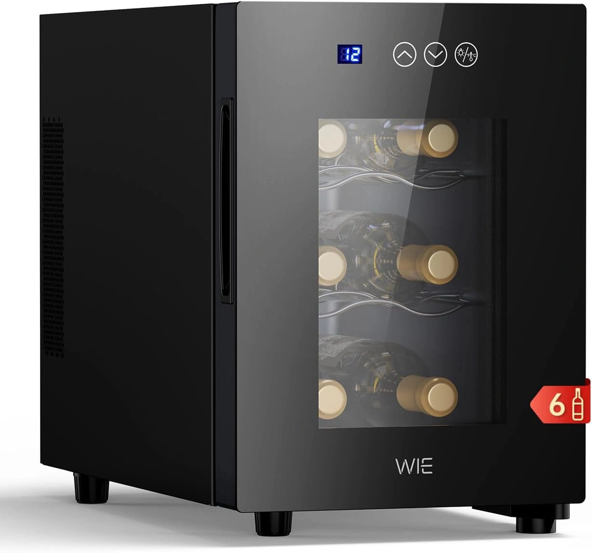 WIE Vinoteca Pequeña 6 Botellas - Mini Frigorífico con Puerta de Cristal 5, 18°C, 3 Niveles, <42 dB, Dormitorio, Bar, para Casa, Panel Táctil
