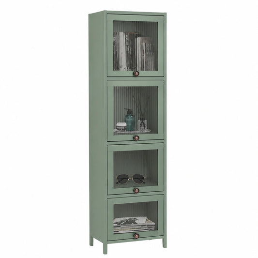 Estantería estrecha de 4 niveles con puertas translúcidas, 30x33x140 cm, capacidad de 12 kg por estante, para baño, dormitorio u oficina (verde)