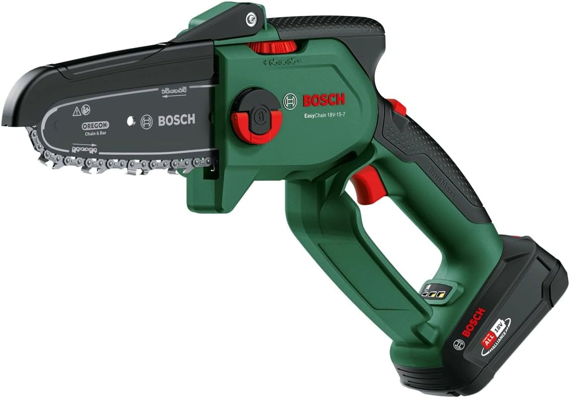 Bosch Mini motosierra EasyChain 18V-15-7 (para cortar madera - sistema de 18 voltios, 6, 95 m/s, con batería y cargador de 2, 5 Ah)