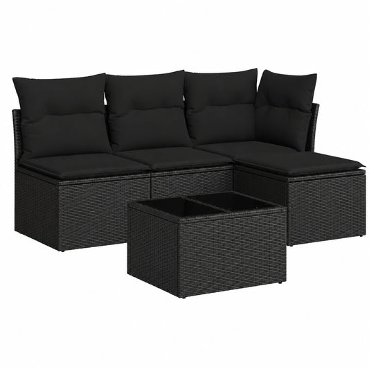 Conjunto de Sofás de Jardín 5 Piezas con Cojines, Mesa y Asientos Modulares de Ratán Negro