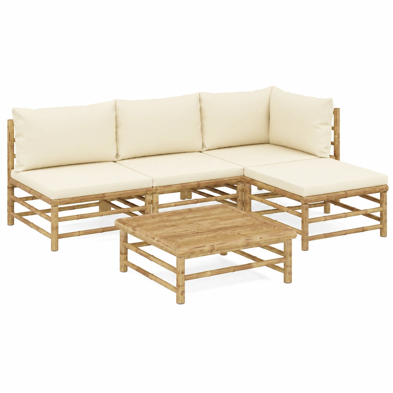 Conjunto de Muebles para Jardín 5 Piezas: Bambú y Cojines Crema