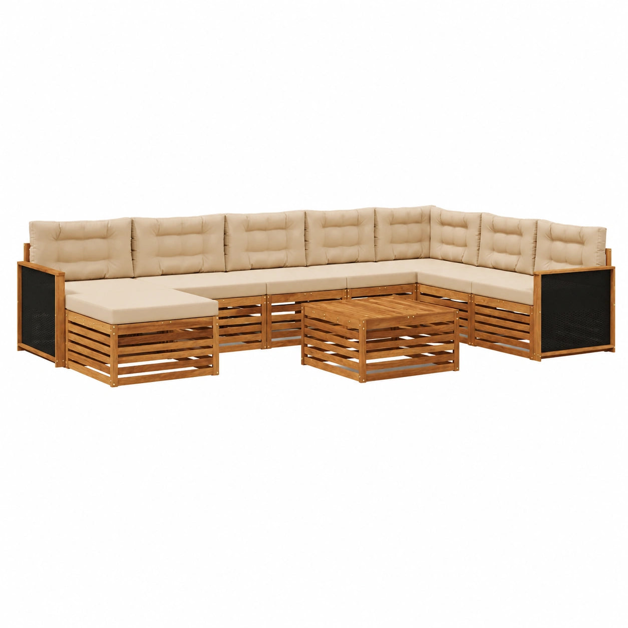 Conjunto Modular de Sofás de Jardín en Madera Acacia y Cojines Beige, 9 Piezas, Zona de Lounge Exterior Cómoda