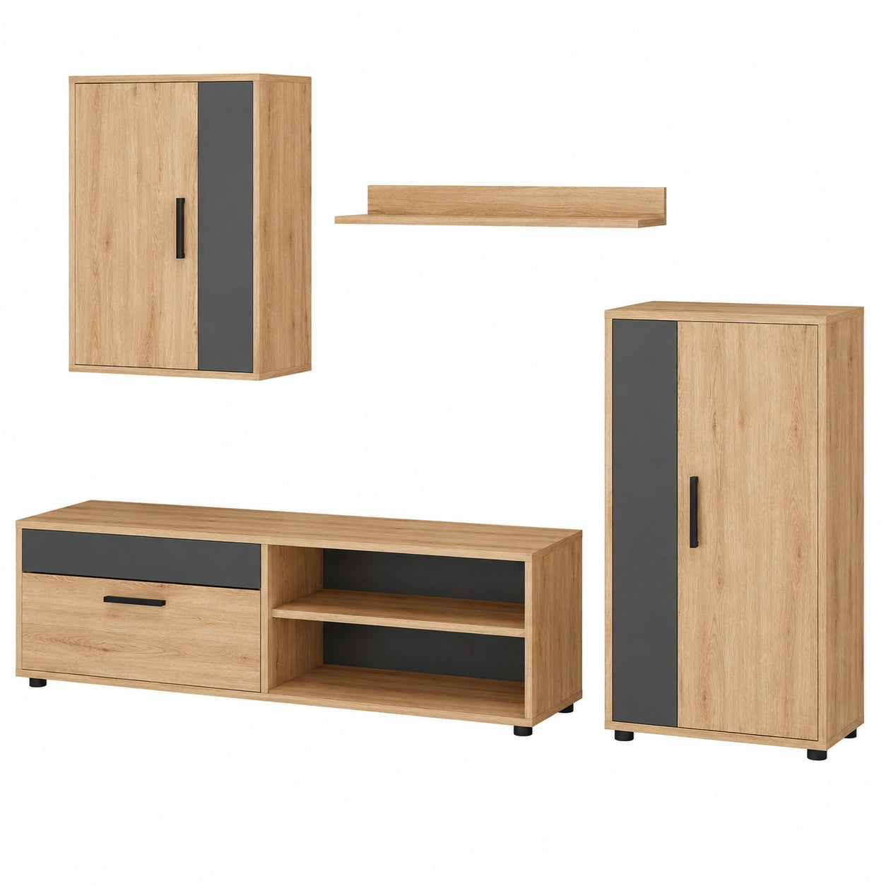 Conjunto de Almacenamiento Berno, Roble Oro y Antracita, Para Dispositivos Multimedia y Accesorios, Juego de 4 Unidades