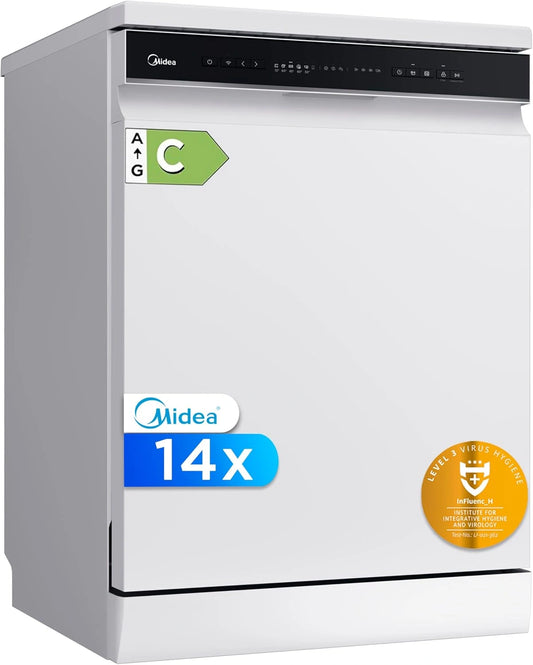 Midea Lavavajillas 60 cm+++ Blanco para 14 servicios - Compacto con 10 Programas de Lavado integrable, Lavaplatos libre instalación