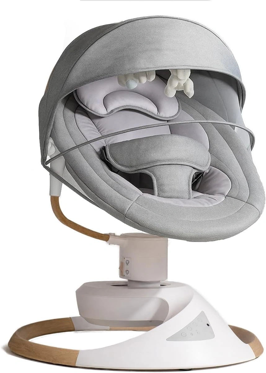 bebe2luxe Emy - balanceo Natural 360°, Bluetooth, Gris, Mando a Distancia, Varias Posiciones, Hamaca eléctrica para bebé con diseño Efecto Madera