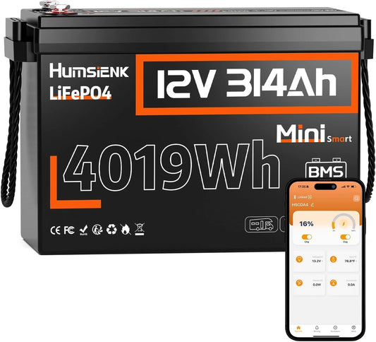 Humsienk Batería Litio LiFePO4 12V 314Ah con Bluetooth - 4019Wh, 200A BMS con Protección de Baja Temperatura, hasta 6000 Ciclos, Barco