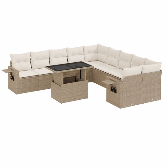 Conjunto de Muebles de Jardín de Ratán y Acero con Mesa Ajustable, 11 Piezas, Beige y Crema