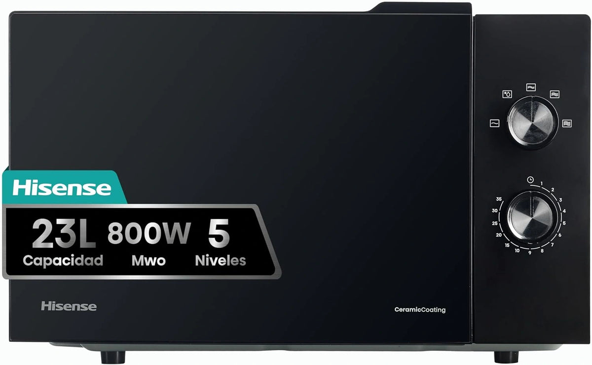 Hisense H23MOBP2H4 - Microondas 23 litros, 800W de potencia, color Negro, fácil limpieza con revestimiento interior cerámico