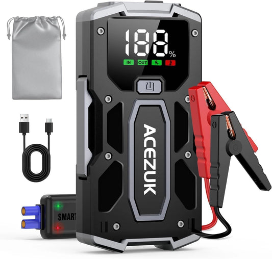 ACEZUK Arrancador de Coches 8000A - 12V Arrancador de Baterias de Coches (para 5.5L Disésel o 7.0L Gas), Jump Starter con 2.5 Inch Pantalla LCD