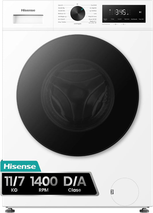 Hisense WD1I1142BWL2 - Lavasecadora 11 Kg/7 Kg, Fondo 59cm, 1400 rpm, Lavado y Secado 59', Función Vapor 99, 9%, Blanco, Lavado Pure Jet, Auto Wash
