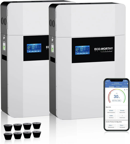 ECO-WORTHY 2 baterías LiFePO4 de 48 V 100 Ah para montaje en pared en interiores con caja de conexiones Bluetooth y WiFi - fuente de