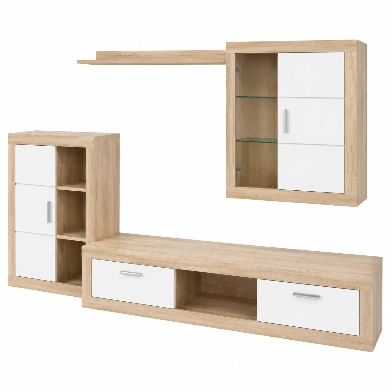 Mueble de Salón Moderno con Luces LED, Modelo Gitta, Blanco y Cambria, 259x132.5x40 cm