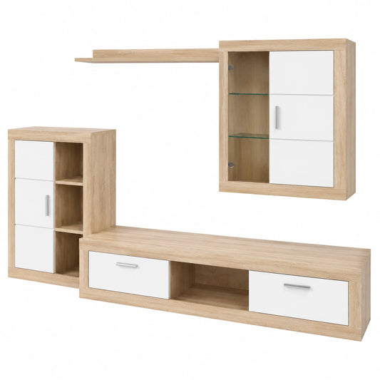 Mueble de Salón Moderno con Luces LED, Modelo Gitta, Blanco y Cambria, 259x132.5x40 cm