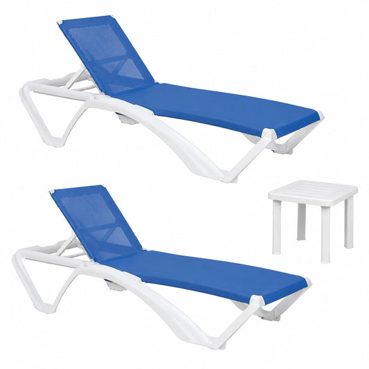 Conjunto de Tumbonas y Mesa Auxiliar para Exterior - Blanco y Azul
