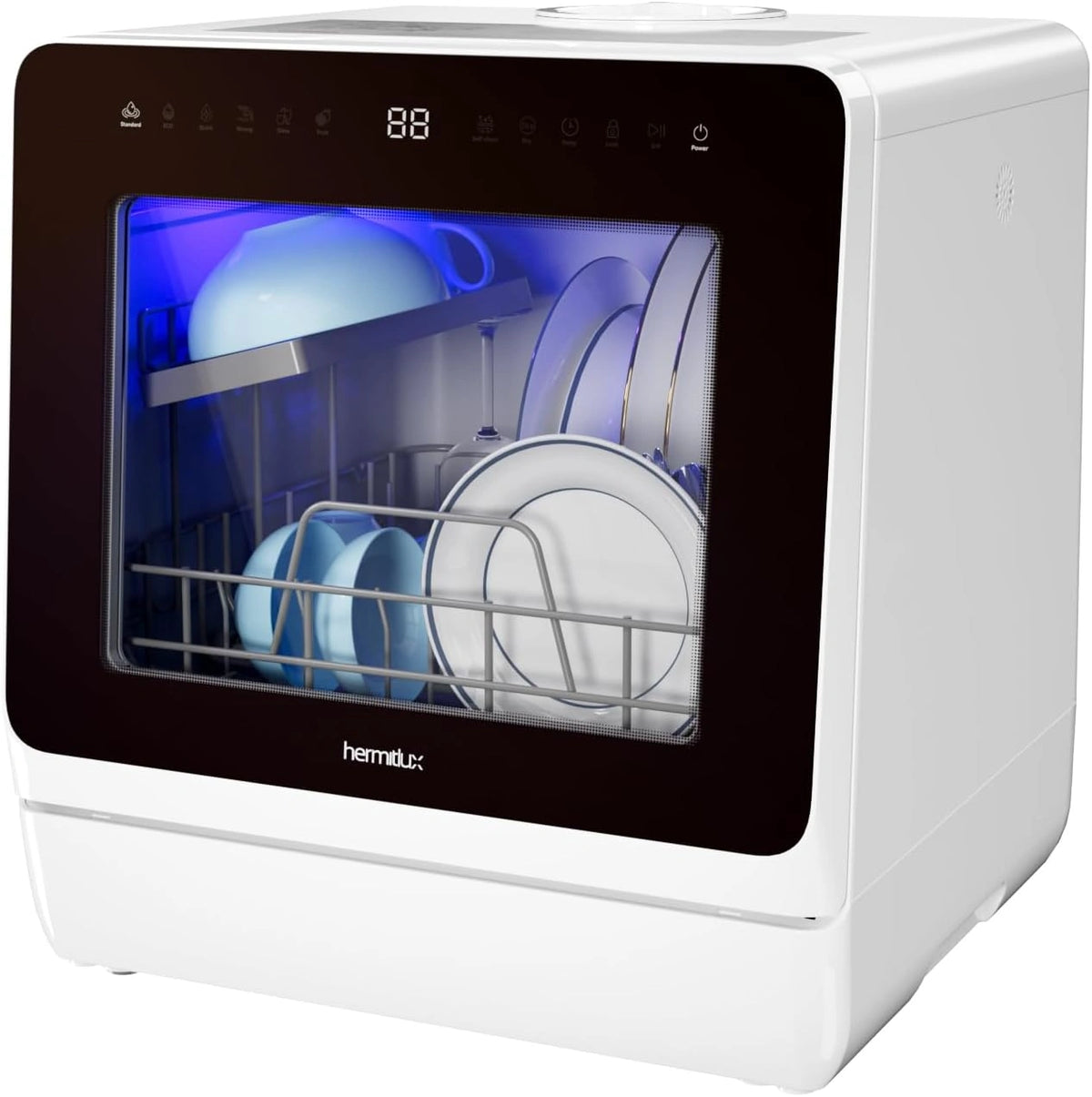 Hermitlux Mini lavavajillas compacto con 7+3 programas de lavado - función de inicio retardado y bloqueo para niños, 5 cubiertos