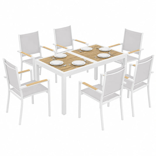Conjunto de Muebles de Jardín de 7 Piezas Outsunny: Mesa con Tapa de Plástico y Sillas Apilables, Estructura de Acero Resistente, Blanco
