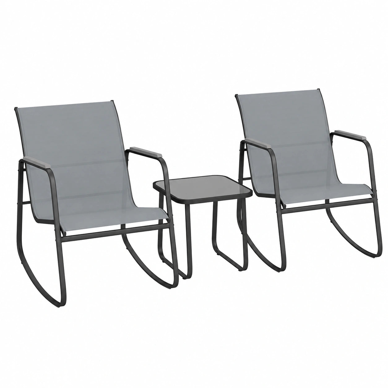 Set de Terraza 3 Piezas con Sillas Mecedoras y Mesa de Vidrio, Exterior Jardín