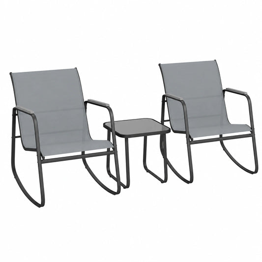 Set de Terraza 3 Piezas con Sillas Mecedoras y Mesa de Vidrio, Exterior Jardín