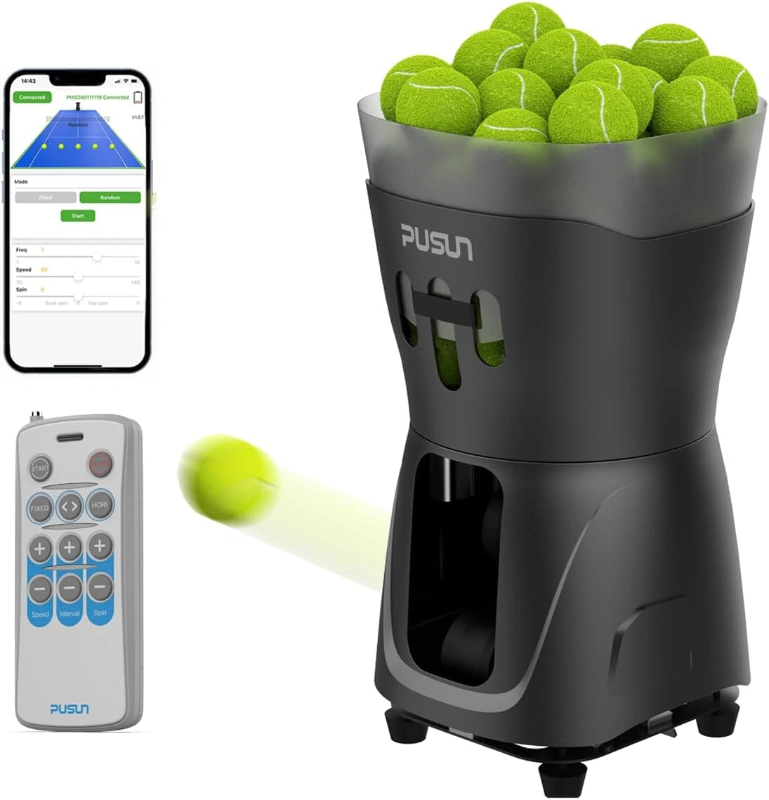 PUSUN PT-Mini Pro Máquina Lanzapelotas para Tenis con App y Mando a Distancia - Entrenador Portátil para Niños y Principiantes, Batería 3-5 h