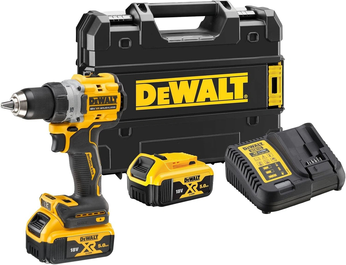 DEWALT DCD800P2T-QW - Taladro atornillador 18V, 2 velocidades, Portabrocas rápido de 13 mm, Incl. 2 baterías de 5, 0 Ah, cargador y caja TSTAK
