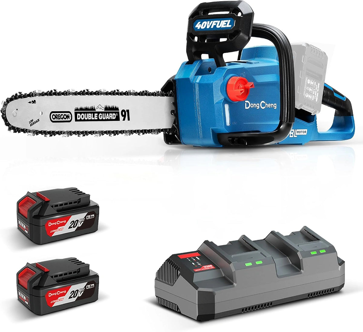DongCheng Motosierra bateria 40V - 2×4Ah, 38cm de corte, Brushless 1600W