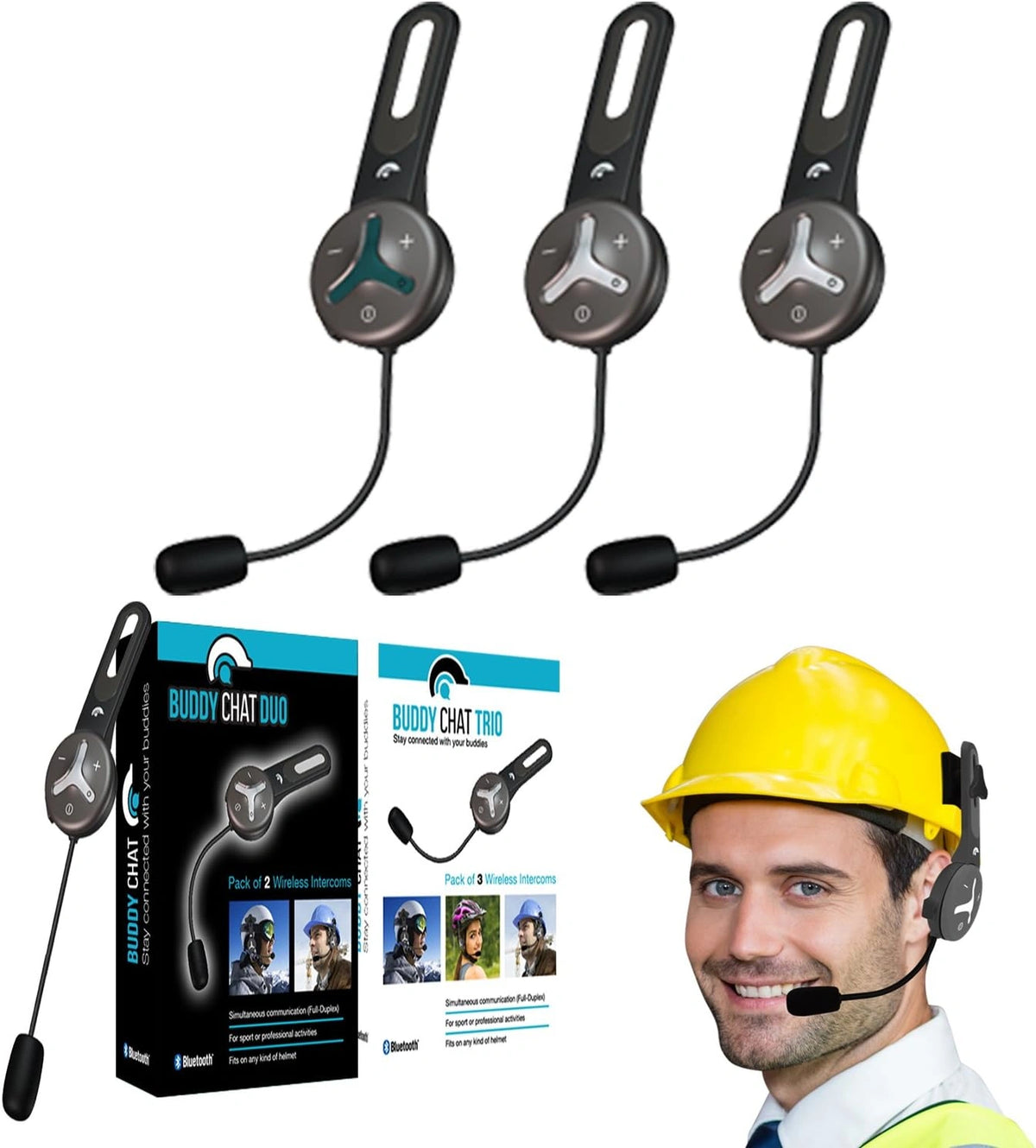 Trio - Interfono con 3 módulos de auriculares Bluetooth con alcance de hasta 1 km