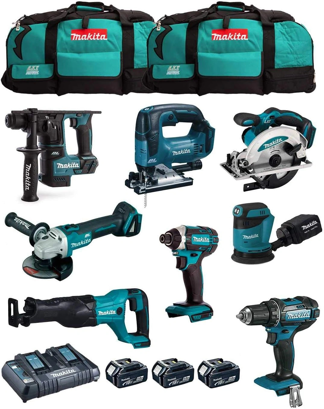 MAKITA conjunto MK801 (DDF482 + DHR171 + DGA504 + DTD152 + DJV182 + DSS610 + DJR186 + DBO180 + 3 Baterías de 5 - 0 Ah + Cargador + 2 x LXT600)