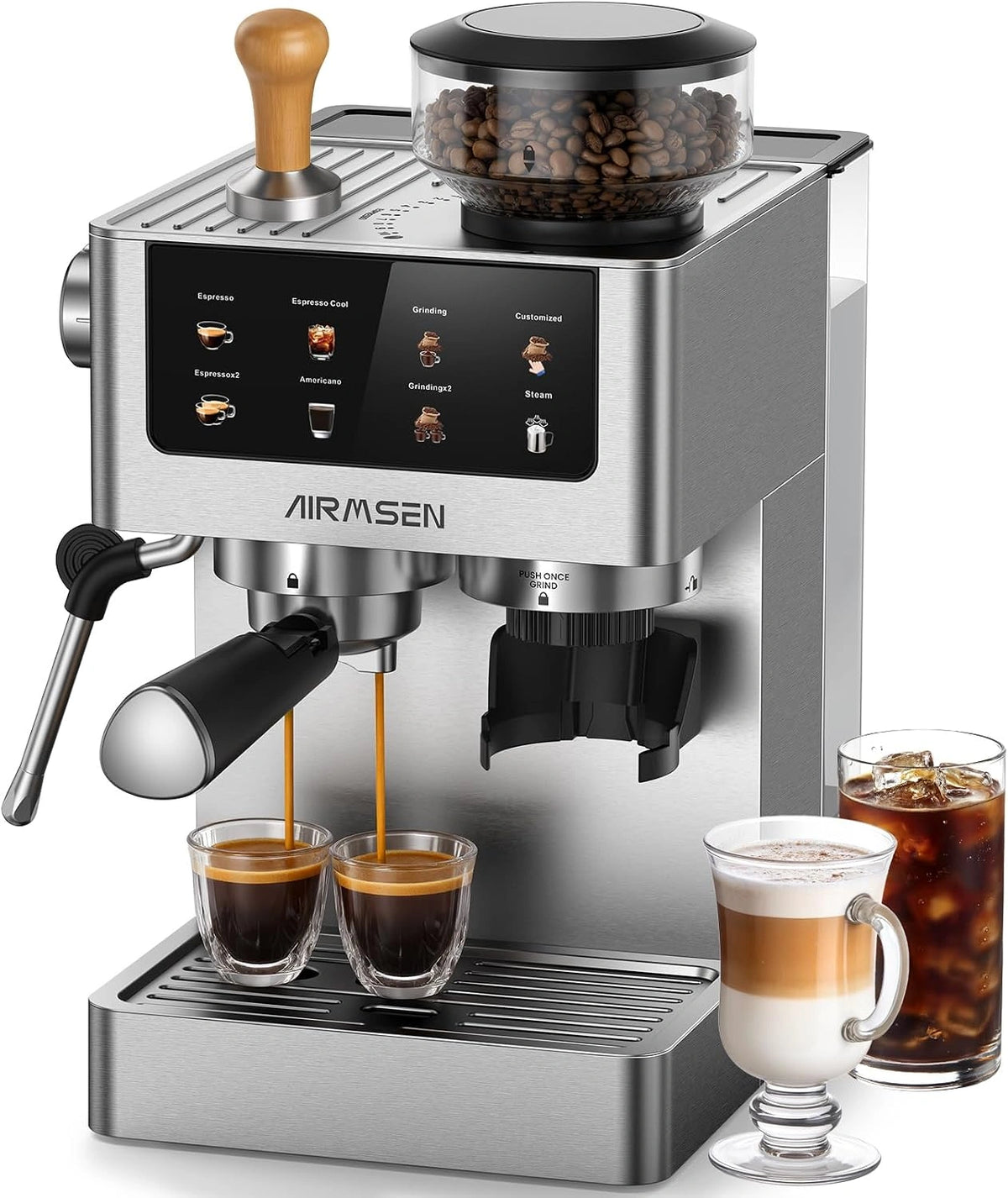 AIRMSEN 20 Bar Cafetera de Café Espresso con Molinillo Cónico y Vaporizador de Leche - 1.8L, Espresso y Leche, Café Cold Brew y Americano