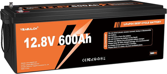 Yeagulch 12V 600Ah Batería de Litio LiFePO4 con BMS 200A - protección de Baja Temperatura, para comunidades solares, 15000 ciclos, 7680Wh