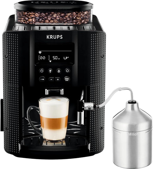 Krups Essential - Cafetera superautomática, Pantalla LCD intuitiva, Incluye accesorio para la leche, Negra, EA8160, 15 Bares, 3 texturas de molienda