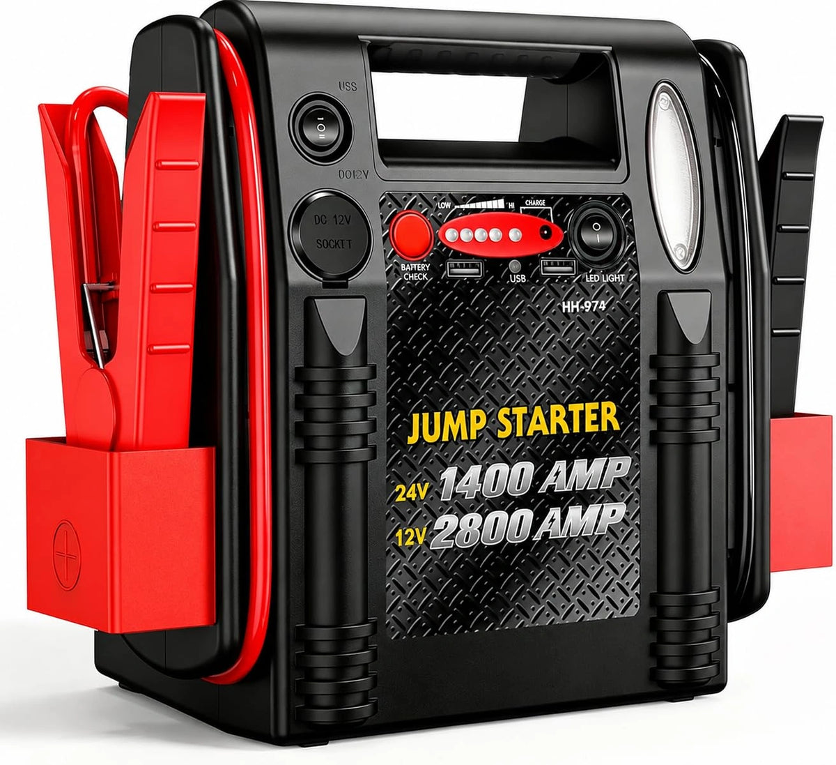 Arrancador de Batería 12V/24V 2800A/1400A - Camión, SUV, Autocaravana y Barco, Arrancador Portátil con USB y Luz de Emergencia para Coche